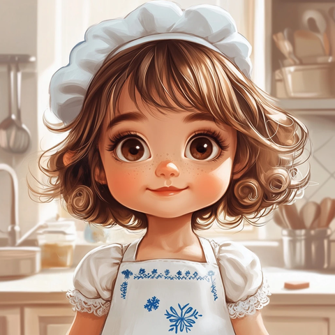 小女孩穿白裙戴厨师帽做饭