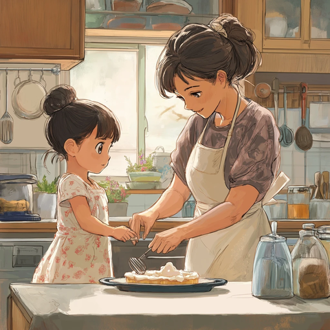 女孩看奶奶做蛋糕