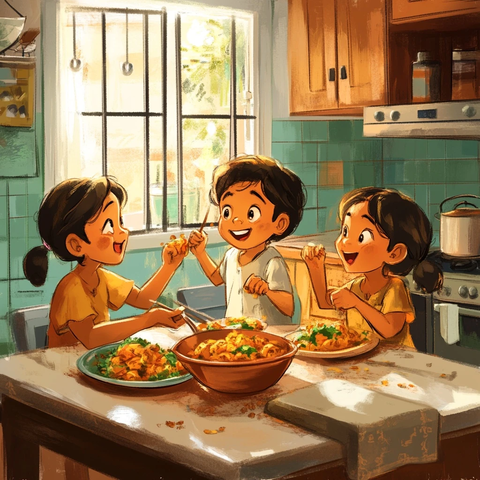 三个小孩吃比里亚聊天