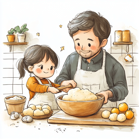 父亲和孩子一起揉面团