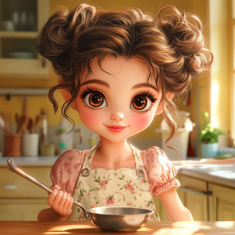 厨房少女手持木勺穿围裙