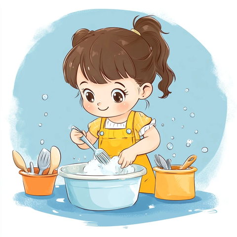 小女孩洗碗卡通插画
