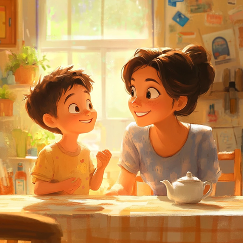 母子餐桌温馨对话