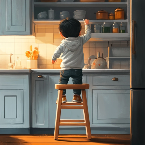 男孩站在椅子上拿橱柜物品
