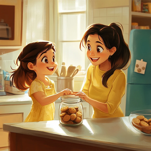 孩子微笑看饼干罐求助妈妈