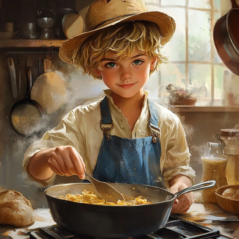 男孩戴塔克帽烹饪南方美食