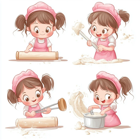 女孩揉面团穿粉色烘焙服