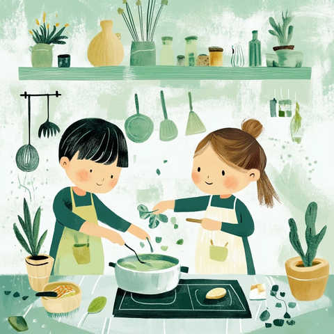 儿童一起烹饪绿色插画