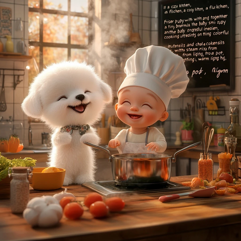 小狗宝宝戴厨师帽做饭