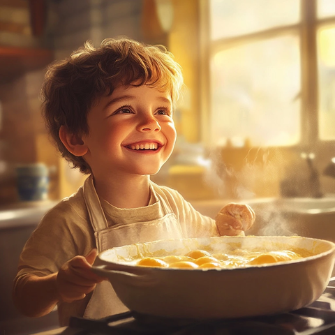 男孩闻蛋香玛丽亚煮早餐