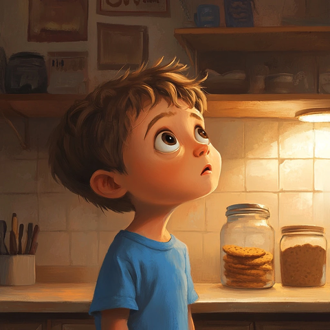 孩子仰望高处饼干罐