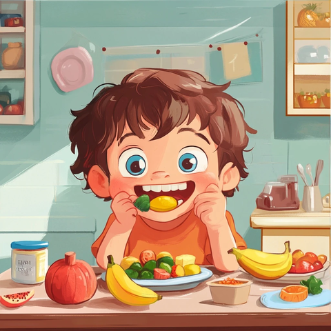 小孩餐桌吃水果蔬菜