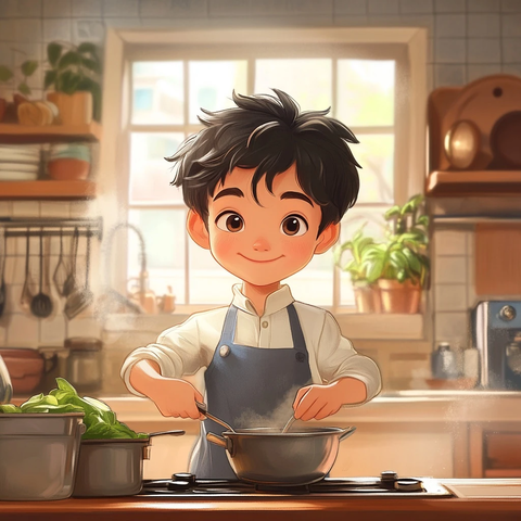 男孩厨房烹饪亚洲美食