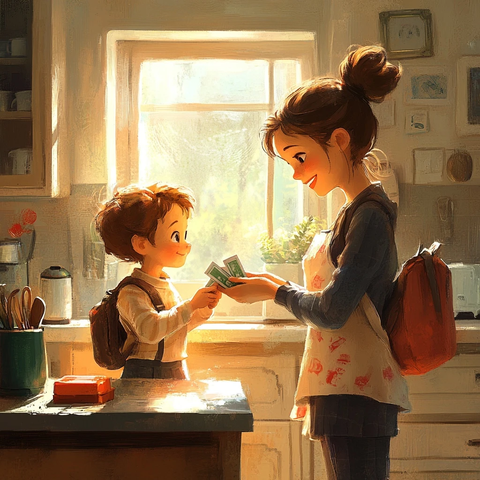 家长递钱给孩子上学