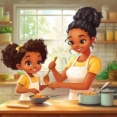 非裔母女厨房烹饪