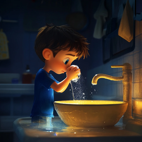 小孩蓝衣洗面盆边洗