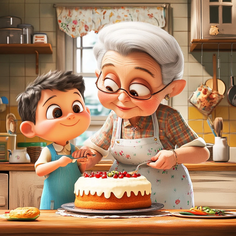 奶奶与孙子一起做蛋糕