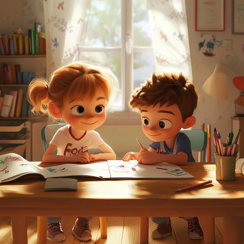 两个孩子桌前做作业
