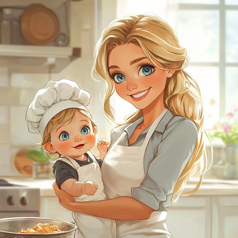 妈妈煮饭抱宝宝戴厨师帽