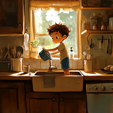 男孩洗碗厨房水槽旁