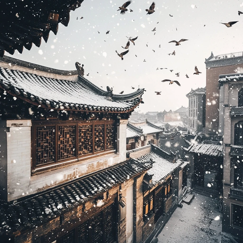 雪中古巷飞鸟