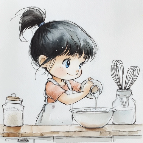 女孩站凳倒牛奶厨房场景