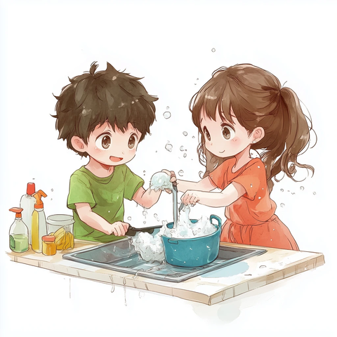 男孩洗碗女孩清洁厨房