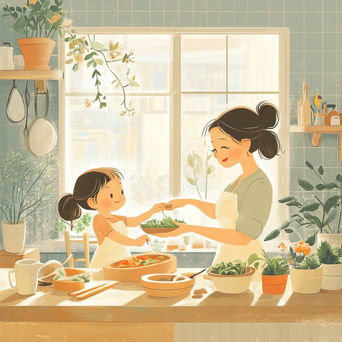 母子厨房共同准备美食