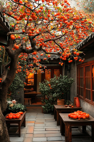 秋日庭院柿子树