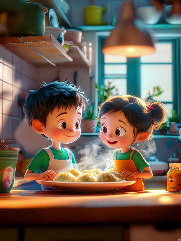 男孩女孩低头看饺子