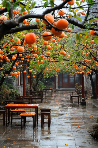 雨后柿子庭院