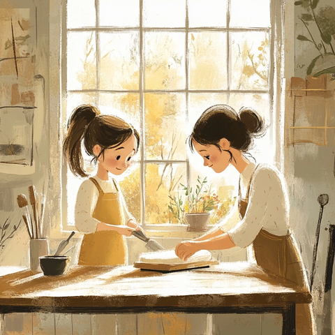 母女合作家务温馨场景