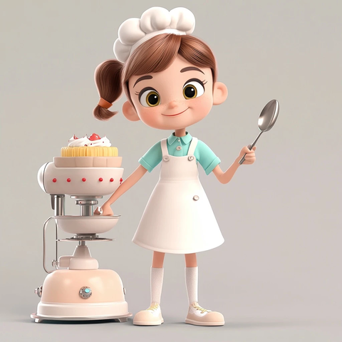 女孩穿厨师服握蛋糕搅拌勺