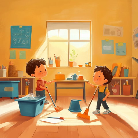 孩子帮忙清洁教室