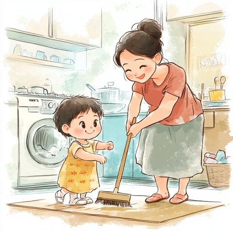 小孩扫地妈妈洗碗温馨场景