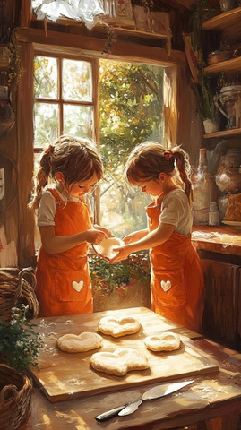 工人在厨房揉面团切心形