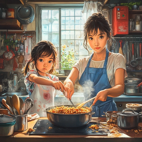 母亲女儿一起炒饭