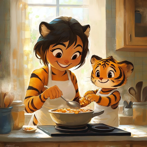 虎妈与幼虎共煮餐