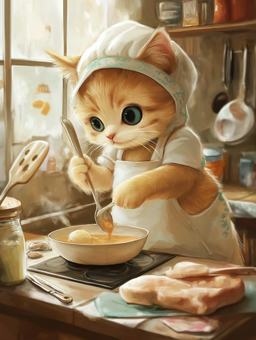 白猫穿粉围裙做饭猫崽躺垫子上