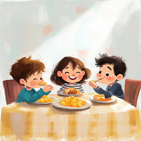 三孩子餐桌吃饭动画