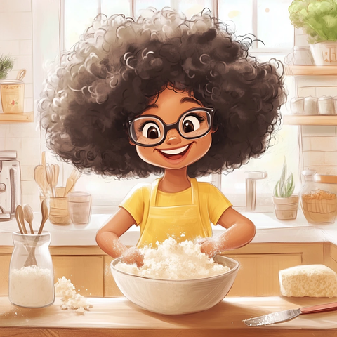 女孩搅拌面粉面团微笑