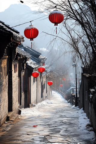 雪后红灯笼小巷