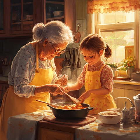 奶奶与孙女一起烹饪