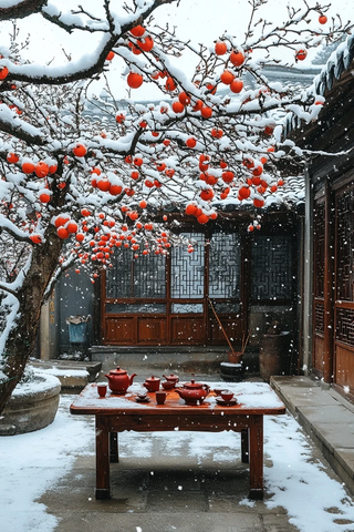 雪落柿子庭院