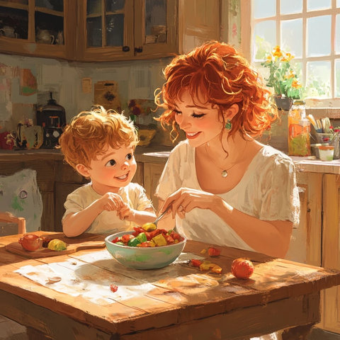 保姆陪男孩吃水果沙拉