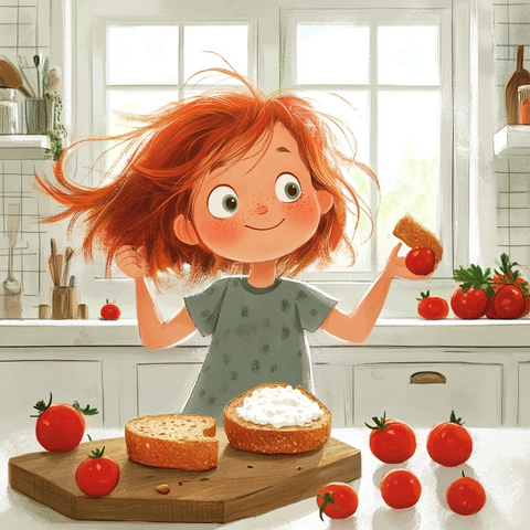 女孩男孩桌前吃面包