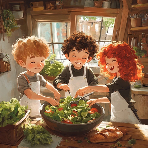 男孩女孩准备沙拉