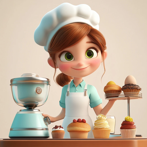 女厨师准备甜点与厨房用具