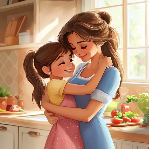 母女厨房拥抱烹饪