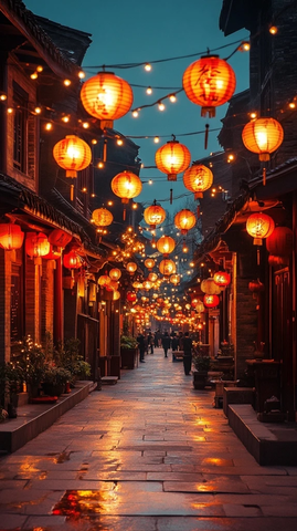 灯笼照亮的古街